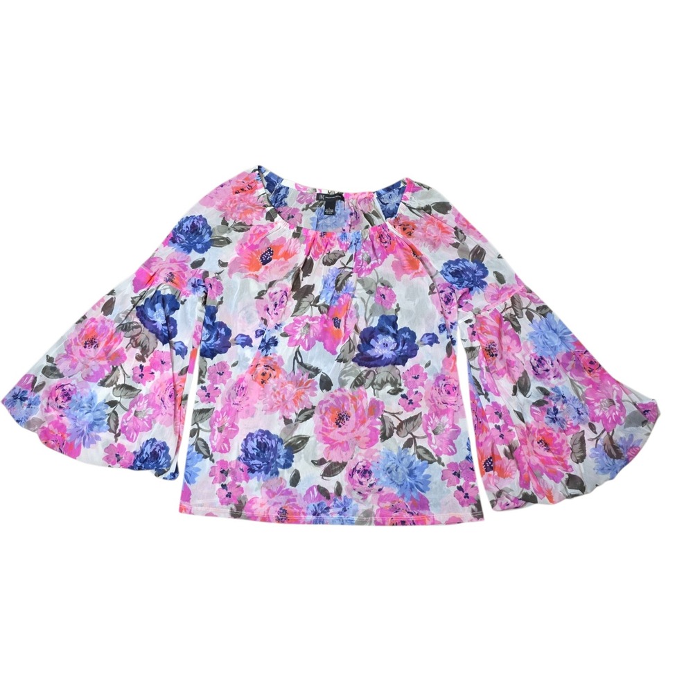 INC International Concepts Floral Bell Sleeve Blouse Top Pink Blue Boho Sz L
